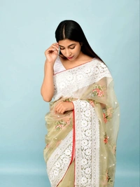 FWMF HEAVY MULTY THREAD WORK ORGENZA SILK SAREE WITH BANGLORI SATIN BLOUSE - Olive Green