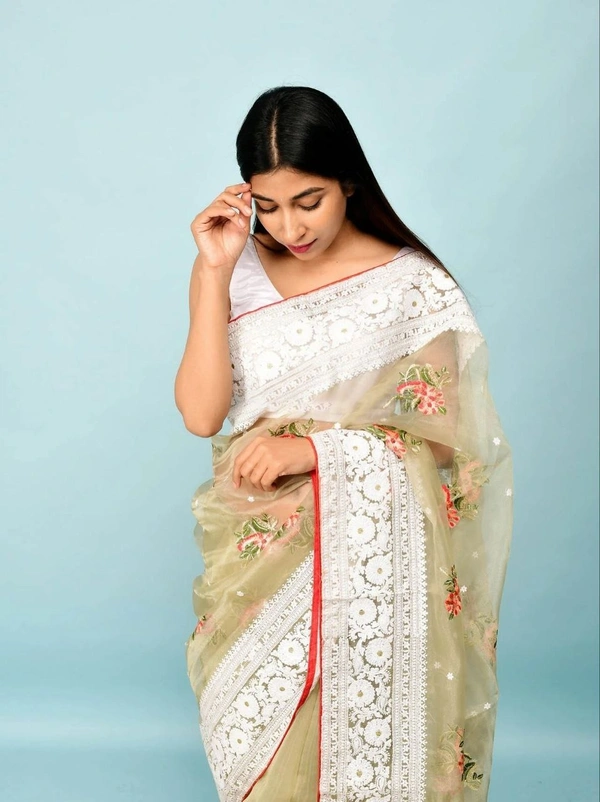 FWMF HEAVY MULTY THREAD WORK ORGENZA SILK SAREE WITH BANGLORI SATIN BLOUSE - Olive Green