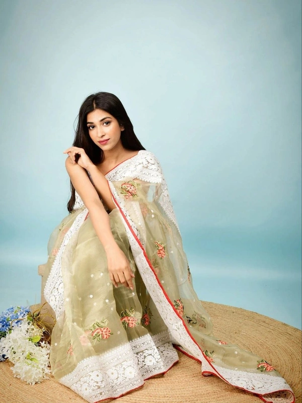 FWMF HEAVY MULTY THREAD WORK ORGENZA SILK SAREE WITH BANGLORI SATIN BLOUSE - Olive Green