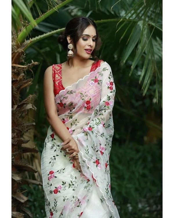 FWMF FLOWER PRINT THREAD WORK ORGENZA SILK CUT WORK SAREE - White