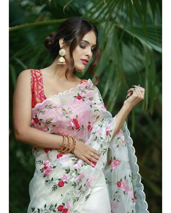 FWMF FLOWER PRINT THREAD WORK ORGENZA SILK CUT WORK SAREE - White
