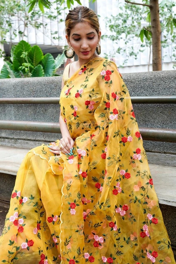 FWMF FLOWER PRINT THREAD WORK ORGENZA SILK CUT WORK SAREE - Gold