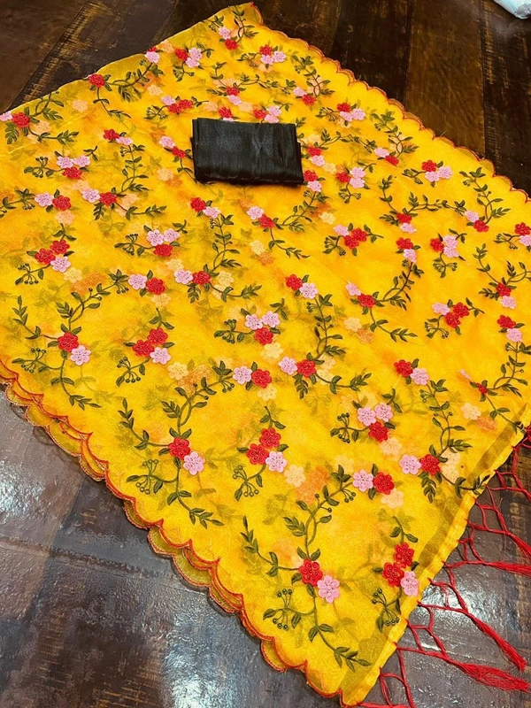 FWMF FLOWER PRINT THREAD WORK ORGENZA SILK CUT WORK SAREE - Gold