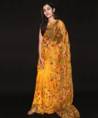 FWMF FLOWER PRINT THREAD WORK ORGENZA SILK CUT WORK SAREE - Gold