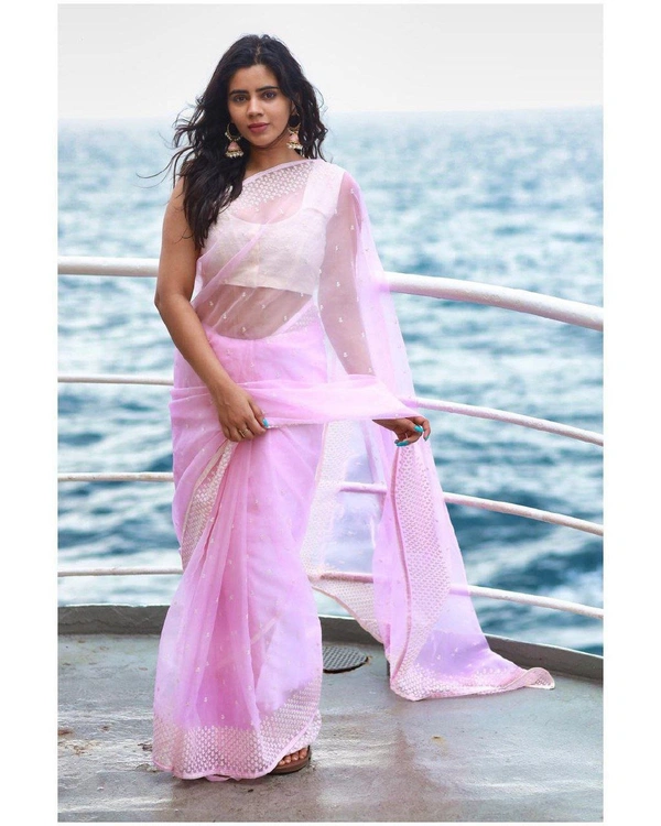 FWMF BEAUTIFUL MULTI THREAD WORK FLOWER PINK ORGENZA SAREE - Pink