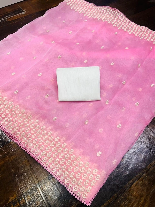 FWMF BEAUTIFUL MULTI THREAD WORK FLOWER PINK ORGENZA SAREE - Pink