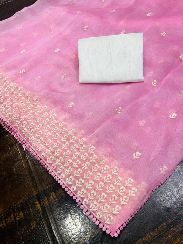 FWMF BEAUTIFUL MULTI THREAD WORK FLOWER PINK ORGENZA SAREE - Pink