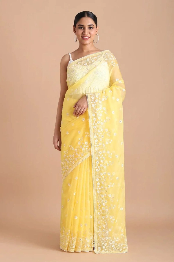 FWMF BEAUTIFUL EMBROIDERY HEAVY MULTI THREAD WORK SAREE - Yellow