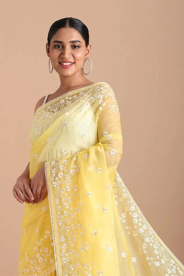 FWMF BEAUTIFUL EMBROIDERY HEAVY MULTI THREAD WORK SAREE - Yellow