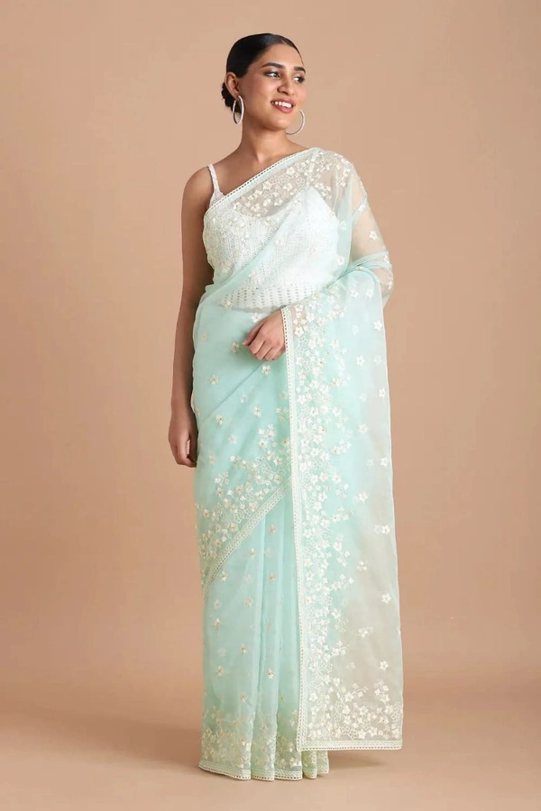 FWMF BEAUTIFUL EMBROIDERY HEAVY MULTI THREAD WORK SAREE - Powder Blue