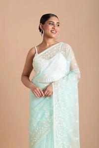 FWMF BEAUTIFUL EMBROIDERY HEAVY MULTI THREAD WORK SAREE - Powder Blue