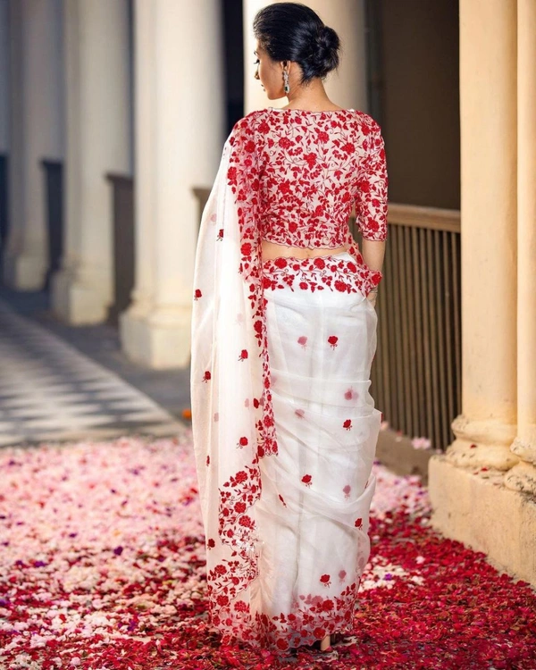 FWMF FLOWERY MULTI THREAD WORK PURE ORGENZA BORDER CUTWORK SAREE - White