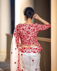FWMF FLOWERY MULTI THREAD WORK PURE ORGENZA BORDER CUTWORK SAREE - White