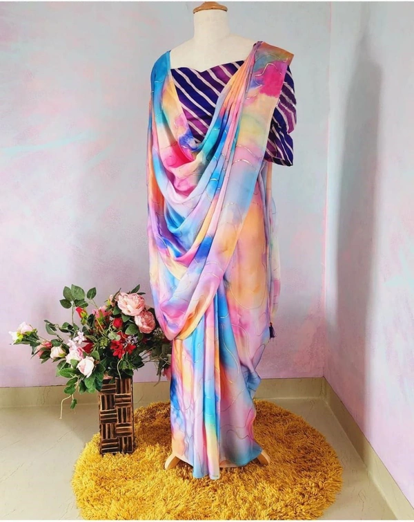 FLORAL PRINT SATIN SILK SAREE WITH HEAVY FOIL WORK AND LATKAN - Multo Color