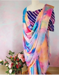 FLORAL PRINT SATIN SILK SAREE WITH HEAVY FOIL WORK AND LATKAN - Multo Color