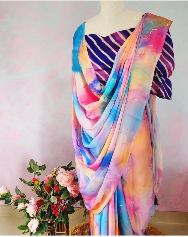 FLORAL PRINT SATIN SILK SAREE WITH HEAVY FOIL WORK AND LATKAN - Multo Color