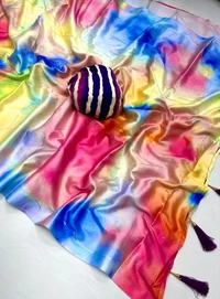 FLORAL PRINT SATIN SILK SAREE WITH HEAVY FOIL WORK AND LATKAN - Multo Color