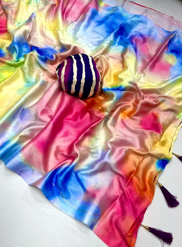 FLORAL PRINT SATIN SILK SAREE WITH HEAVY FOIL WORK AND LATKAN - Multo Color