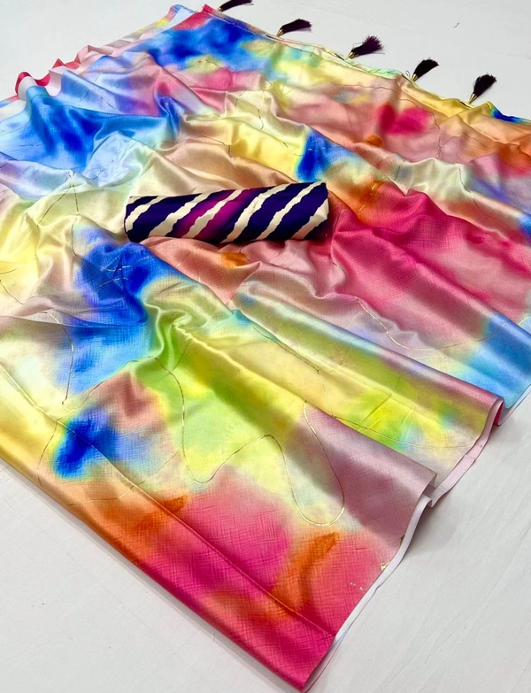 FLORAL PRINT SATIN SILK SAREE WITH HEAVY FOIL WORK AND LATKAN - Multo Color