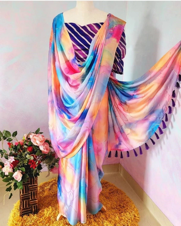 FLORAL PRINT SATIN SILK SAREE WITH HEAVY FOIL WORK AND LATKAN - Multo Color