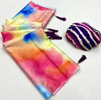FLORAL PRINT SATIN SILK SAREE WITH HEAVY FOIL WORK AND LATKAN - Multo Color