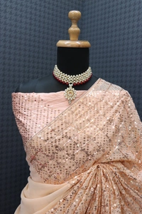 FWSNX BEAUTIFUL SEQUINS THREAD EMBROIDERED FAUX GEORGETTE SAREE WITH BLOUSE PIECE - Hit Pink