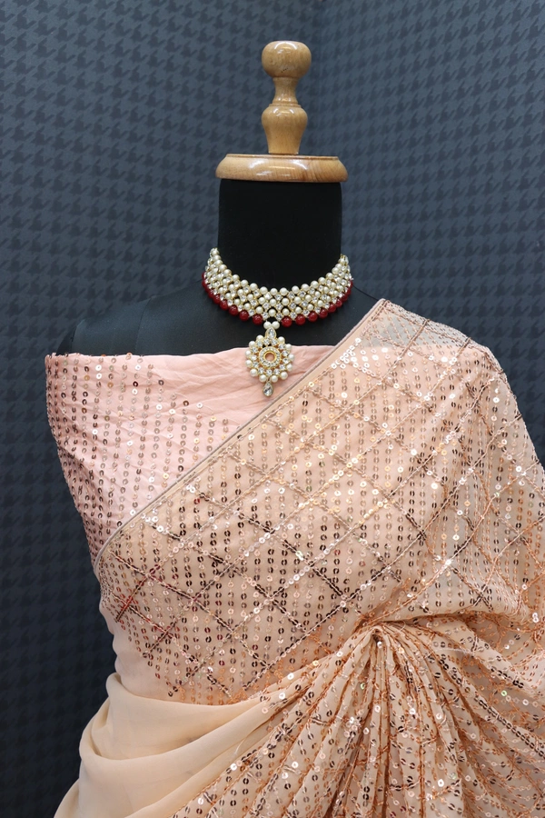 FWSNX BEAUTIFUL SEQUINS THREAD EMBROIDERED FAUX GEORGETTE SAREE WITH BLOUSE PIECE - Hit Pink