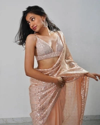 FWSNX BEAUTIFUL SEQUINS THREAD EMBROIDERED FAUX GEORGETTE SAREE WITH BLOUSE PIECE - Hit Pink