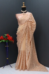 FWSNX BEAUTIFUL SEQUINS THREAD EMBROIDERED FAUX GEORGETTE SAREE WITH BLOUSE PIECE - Hit Pink
