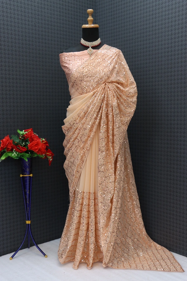 FWSNX BEAUTIFUL SEQUINS THREAD EMBROIDERED FAUX GEORGETTE SAREE WITH BLOUSE PIECE - Hit Pink