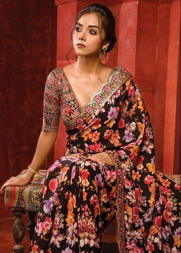 FWSNX DIGITAL fLOWERY PRINT AND THREAD EMBROIDDERY FAUX GEORGETTE SAREE WITH BLOUSE PIEE - Black