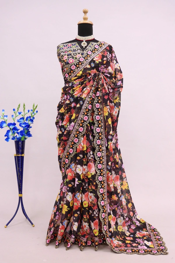 FWSNX DIGITAL fLOWERY PRINT AND THREAD EMBROIDDERY FAUX GEORGETTE SAREE WITH BLOUSE PIEE - Black