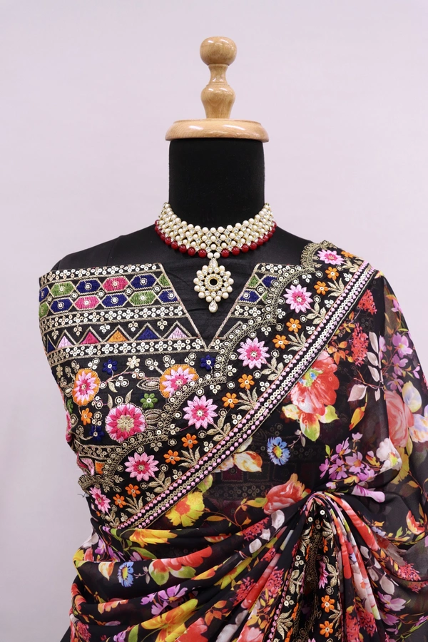 FWSNX DIGITAL fLOWERY PRINT AND THREAD EMBROIDDERY FAUX GEORGETTE SAREE WITH BLOUSE PIEE - Black