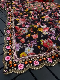 FWSNX DIGITAL fLOWERY PRINT AND THREAD EMBROIDDERY FAUX GEORGETTE SAREE WITH BLOUSE PIEE - Black