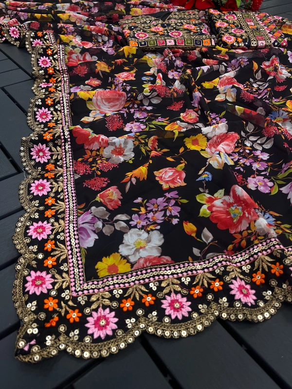 FWSNX DIGITAL fLOWERY PRINT AND THREAD EMBROIDDERY FAUX GEORGETTE SAREE WITH BLOUSE PIEE - Black