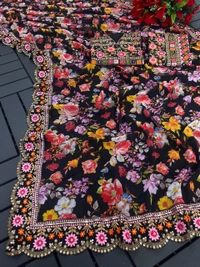 FWSNX DIGITAL fLOWERY PRINT AND THREAD EMBROIDDERY FAUX GEORGETTE SAREE WITH BLOUSE PIEE - Black