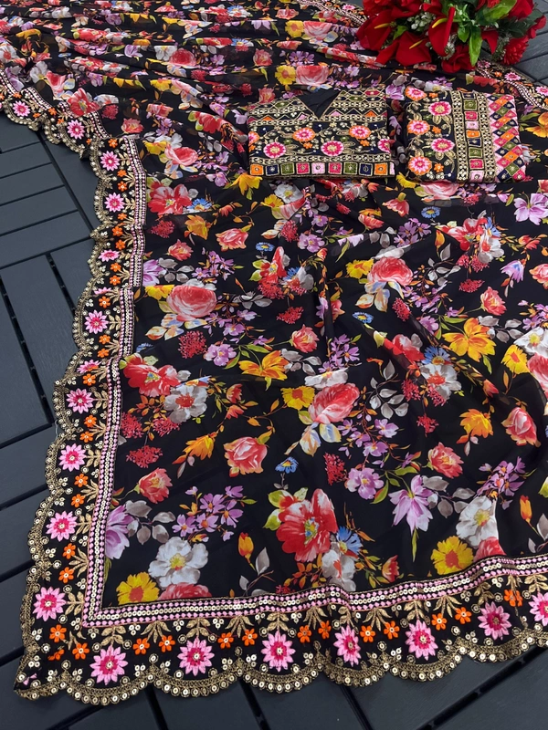 FWSNX DIGITAL fLOWERY PRINT AND THREAD EMBROIDDERY FAUX GEORGETTE SAREE WITH BLOUSE PIEE - Black