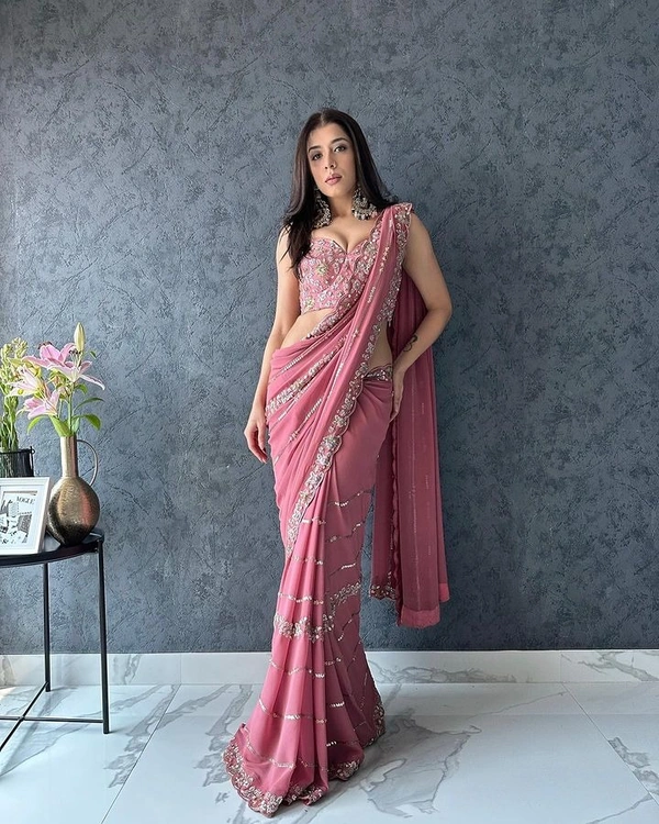 FWSNX FANCY THREAD WITH SEQUINS WORK ON FAUX GEORGETTE SAREE AND BLOUSE PIECE - Pink