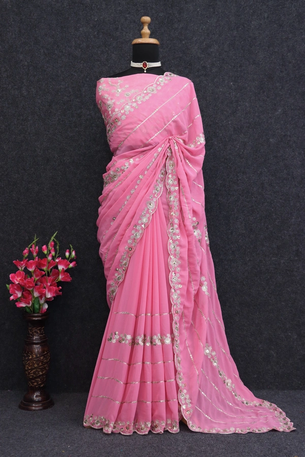 FWSNX FANCY THREAD WITH SEQUINS WORK ON FAUX GEORGETTE SAREE AND BLOUSE PIECE - Pink