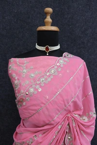 FWSNX FANCY THREAD WITH SEQUINS WORK ON FAUX GEORGETTE SAREE AND BLOUSE PIECE - Pink