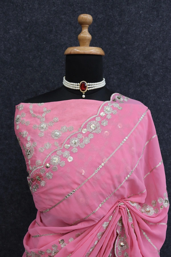 FWSNX FANCY THREAD WITH SEQUINS WORK ON FAUX GEORGETTE SAREE AND BLOUSE PIECE - Pink