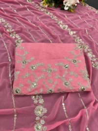 FWSNX FANCY THREAD WITH SEQUINS WORK ON FAUX GEORGETTE SAREE AND BLOUSE PIECE - Pink
