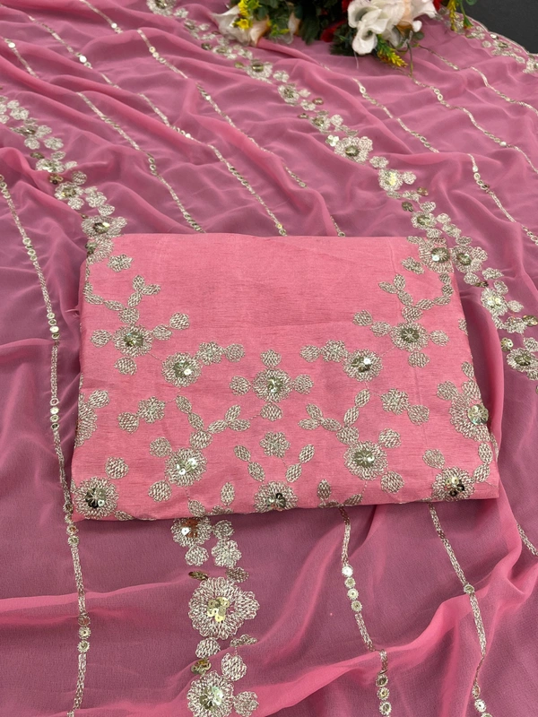 FWSNX FANCY THREAD WITH SEQUINS WORK ON FAUX GEORGETTE SAREE AND BLOUSE PIECE - Pink