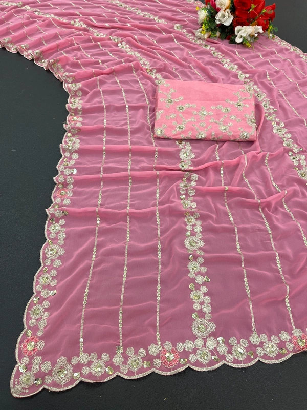FWSNX FANCY THREAD WITH SEQUINS WORK ON FAUX GEORGETTE SAREE AND BLOUSE PIECE - Pink