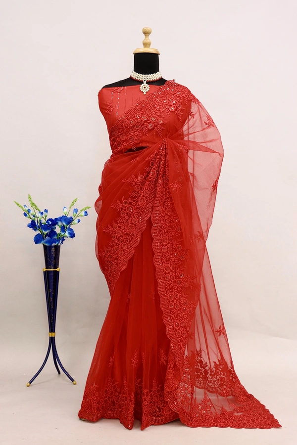 FWSNX FANCY BUTTERFLY NET THREAD AND SEQUINS EMBROIDERED SAREE - Red