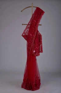 FWSNX FANCY BUTTERFLY NET THREAD AND SEQUINS EMBROIDERED SAREE - Red