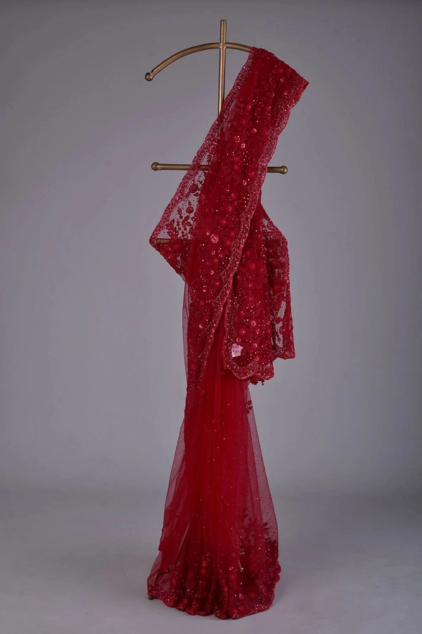 FWSNX FANCY BUTTERFLY NET THREAD AND SEQUINS EMBROIDERED SAREE - Red