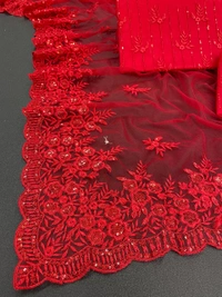 FWSNX FANCY BUTTERFLY NET THREAD AND SEQUINS EMBROIDERED SAREE - Red