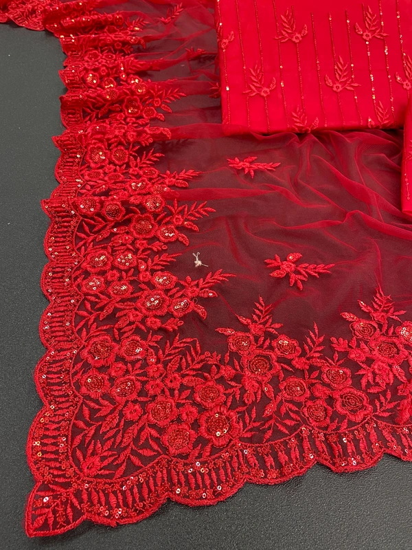 FWSNX FANCY BUTTERFLY NET THREAD AND SEQUINS EMBROIDERED SAREE - Red