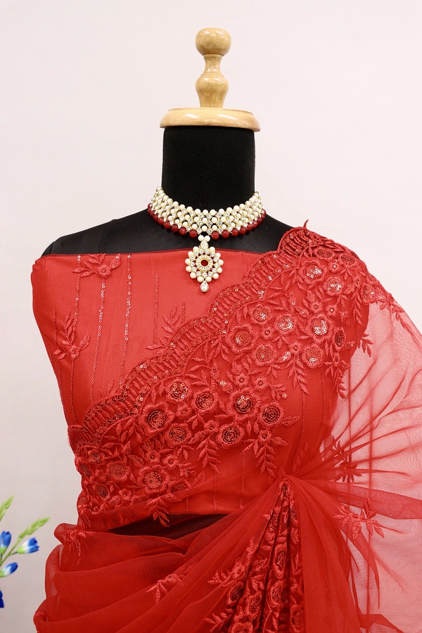 FWSNX FANCY BUTTERFLY NET THREAD AND SEQUINS EMBROIDERED SAREE - Red